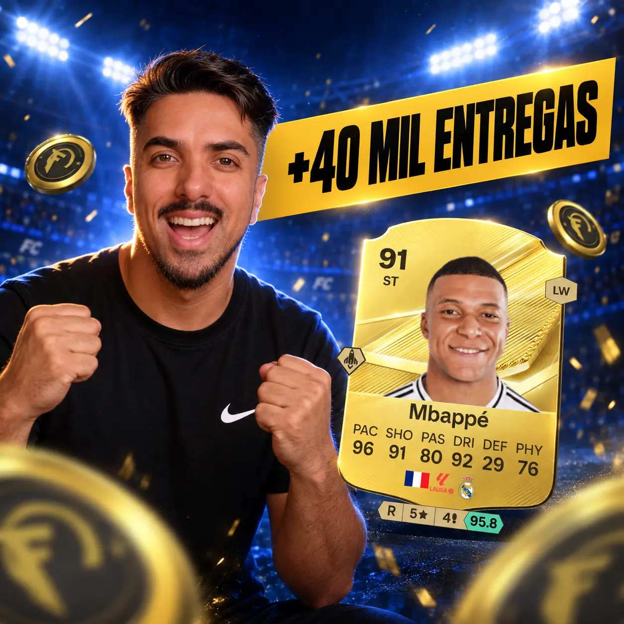 Rodrigão, parceiro da Futshop, ao lado da arte de coins EA FC 27 e da marca de 40 mil entregas